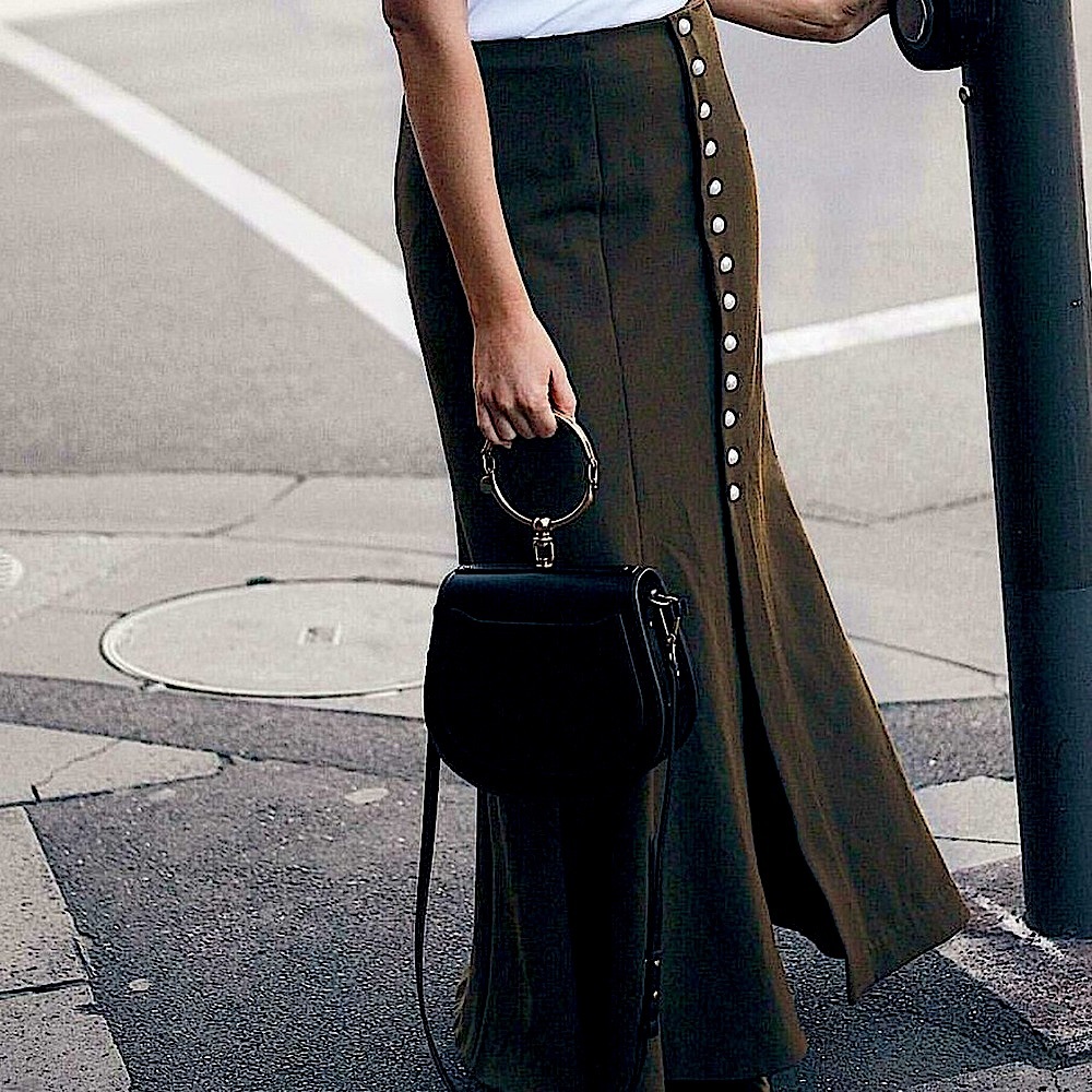 Matte black Maxi Skirt with faux pearl buttons